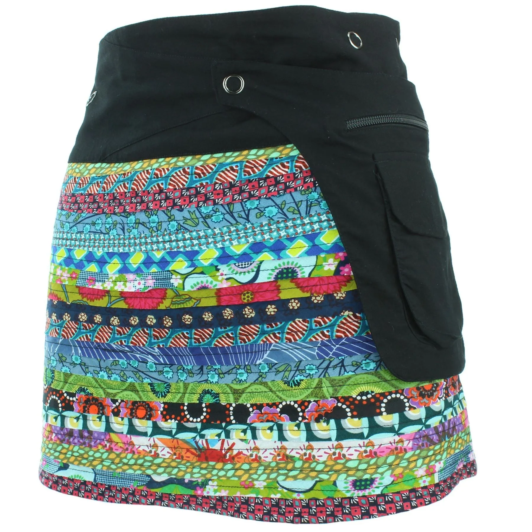 Reversible Popper Wrap Mini Skirt - Multi Patch Strips / Psychedelic Snakeskin