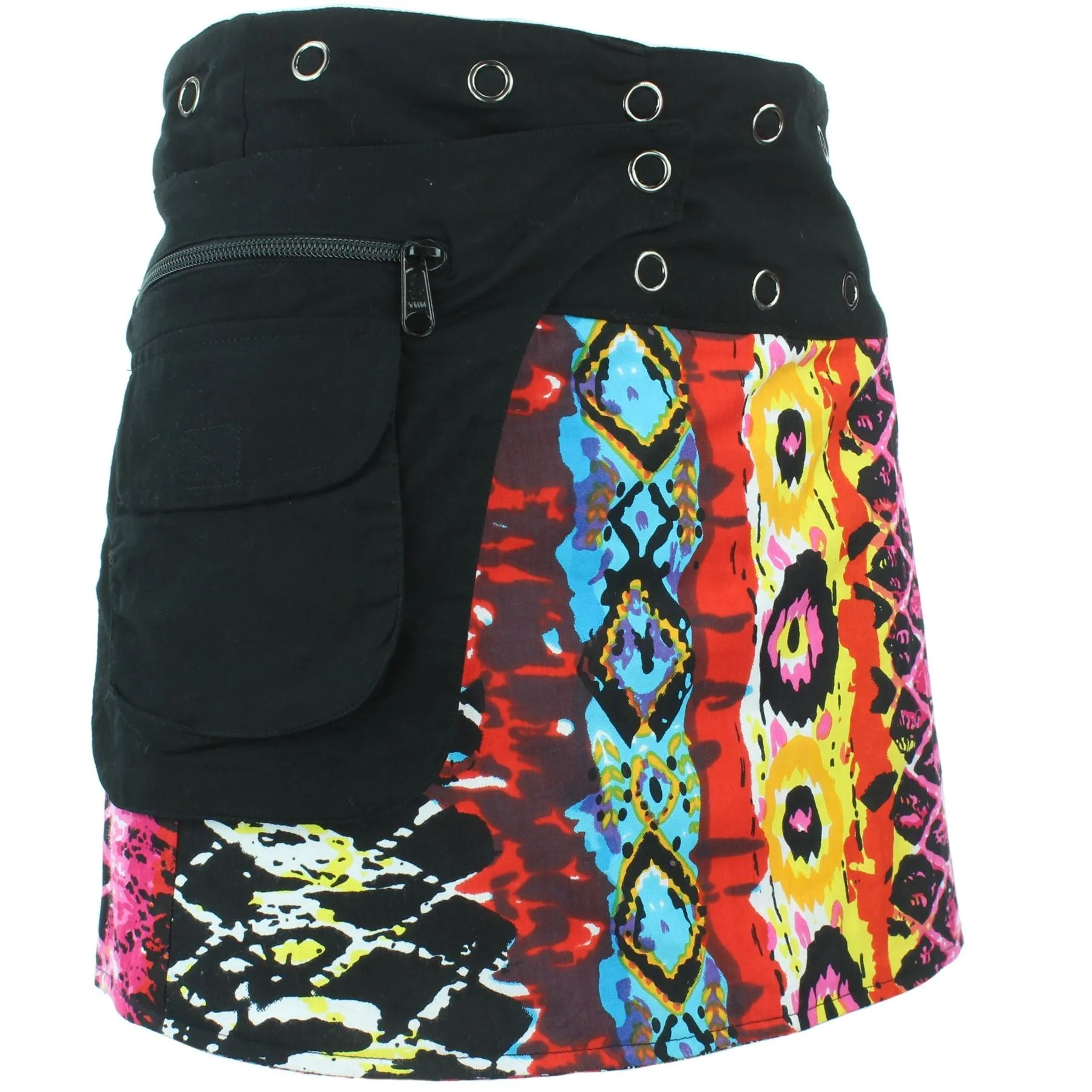 Reversible Popper Wrap Mini Skirt - Multi Patch Strips / Psychedelic Snakeskin