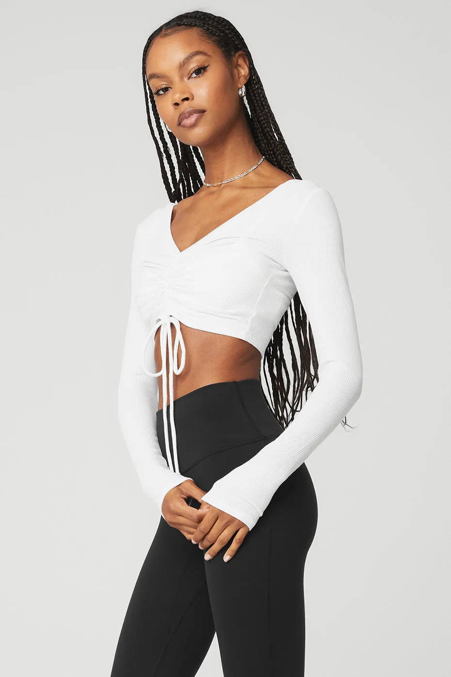 Ribbed Cinch Cropped Long Sleeve - White