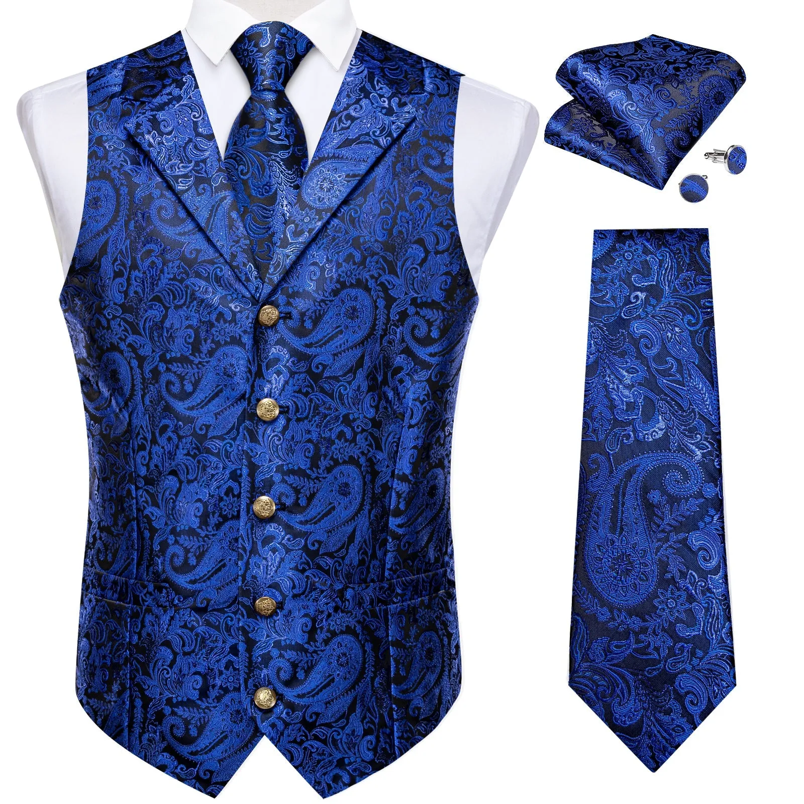 Royal Blue Luxury Paisley Jacquard Men's Collar Vest Tie Hanky Cufflinks Suit Set