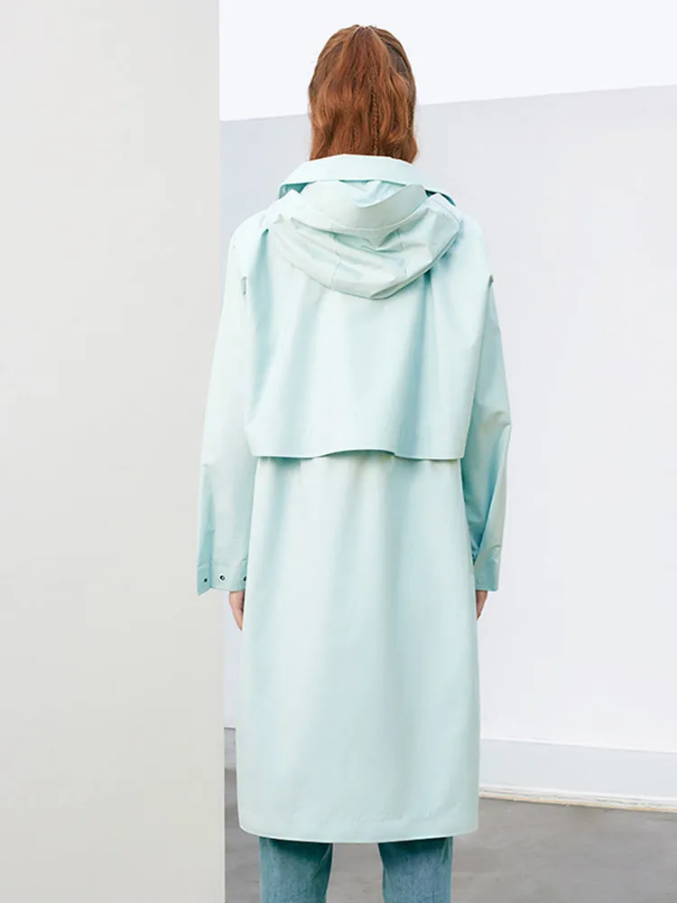 Sea Blue Slim Hooded Trench Coat