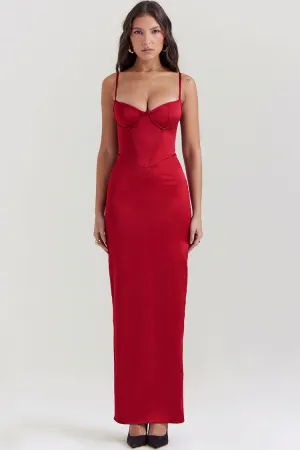 Sexy Silky Satin Sweetheart Spaghetti Strap Split Corset Evening Maxi Dress - Red