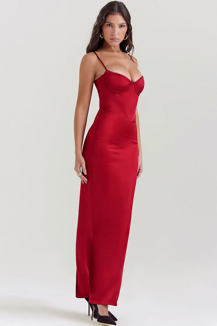 Sexy Silky Satin Sweetheart Spaghetti Strap Split Corset Evening Maxi Dress - Red