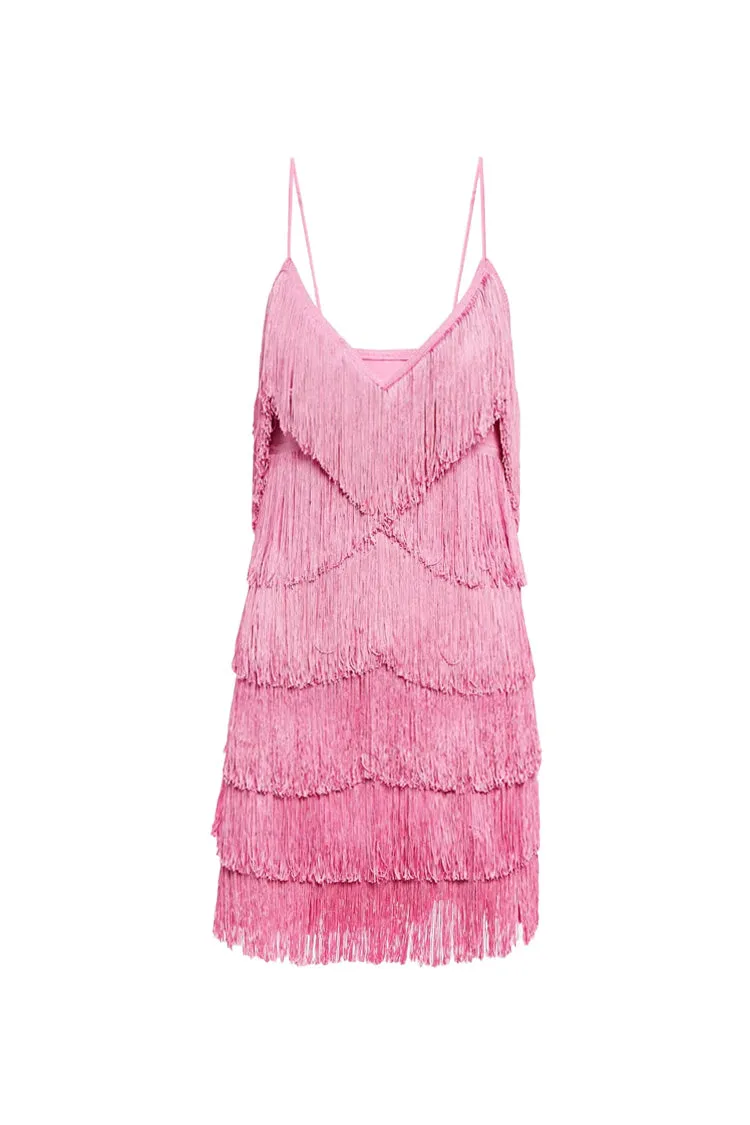 Sexy V Neck Spaghetti Strap Layered Fringe Flapper Bodycon Party Mini Dress