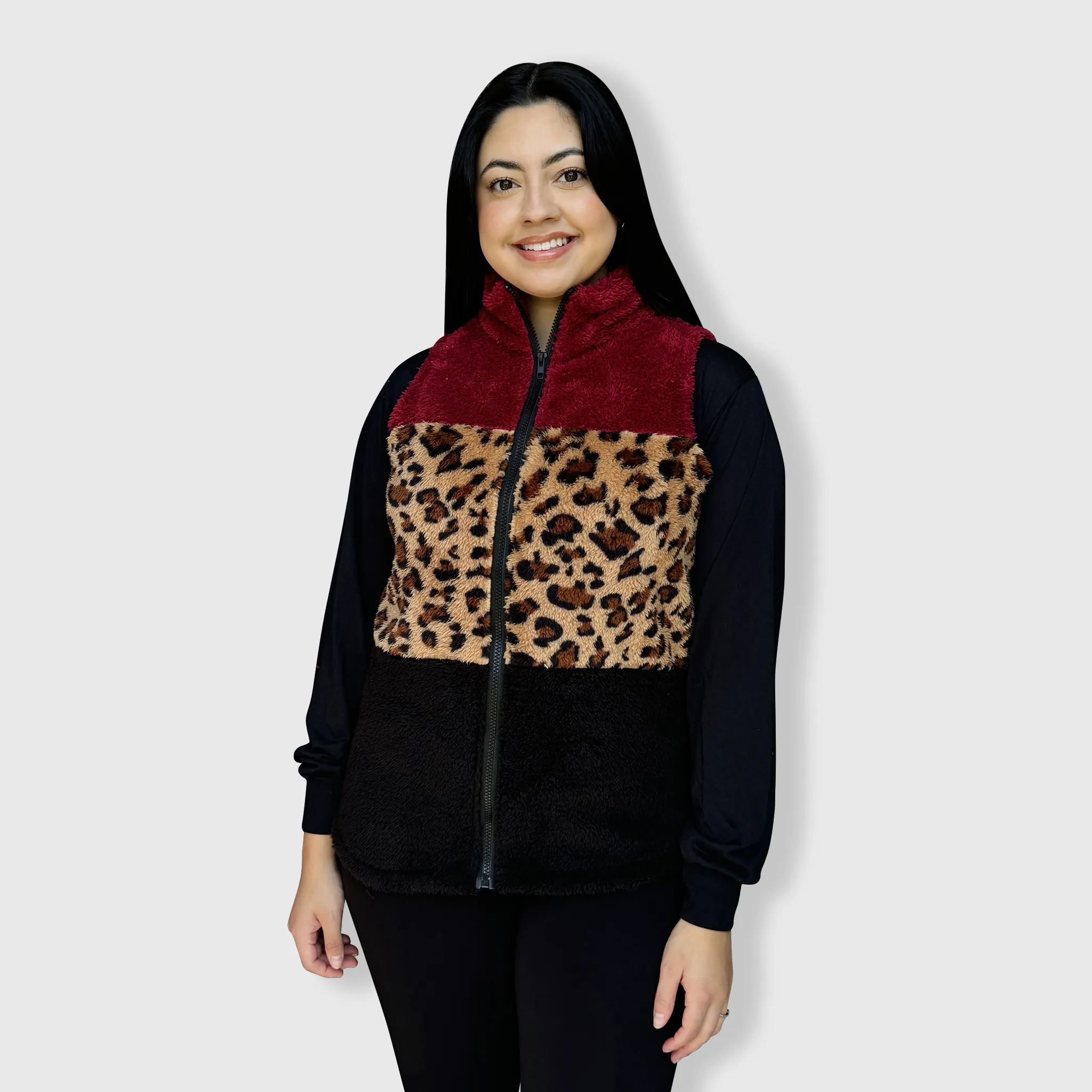 Sherpa Color Block Cheetah Burgundy Vest Women