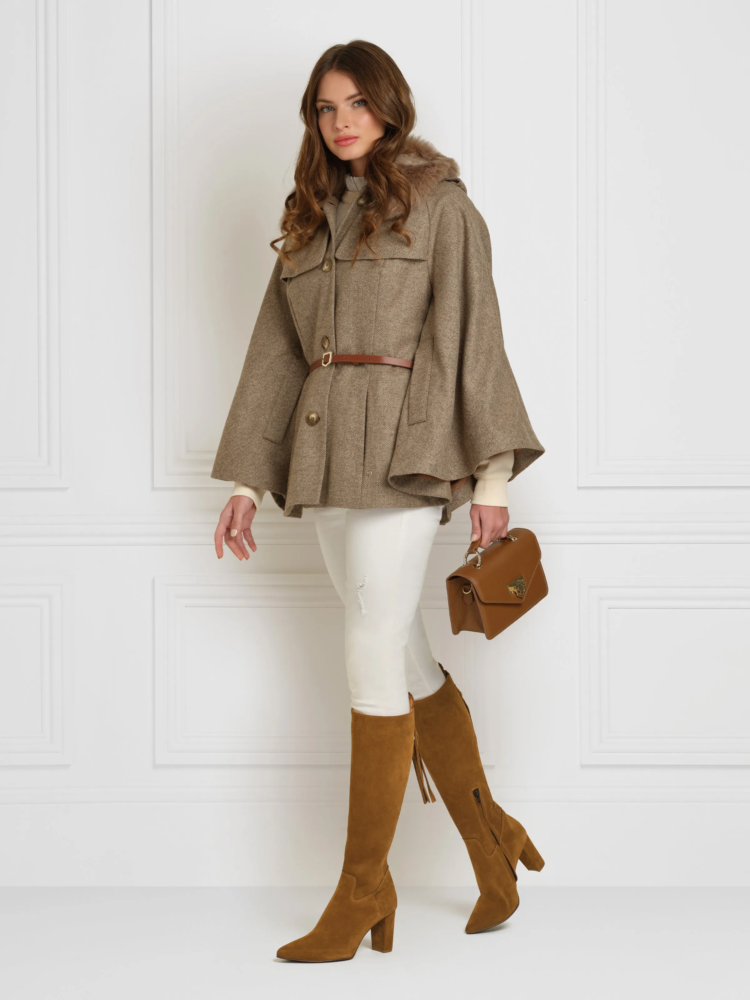 Sienna Wool Cape - Taupe Herringbone