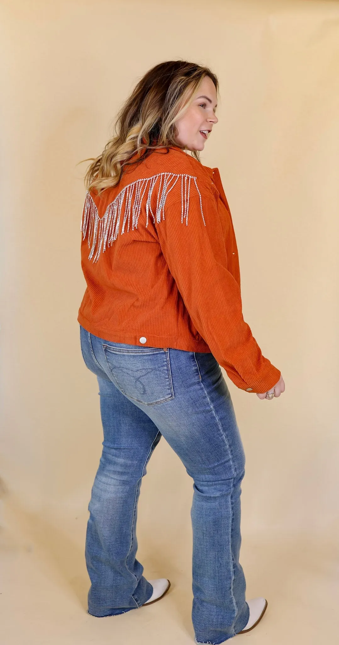 Signature Moves Button Up Corduroy Jacket with Crystal Fringe Back in Rust Orange