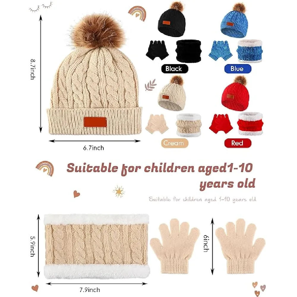 Silicherry 12 Pcs Kids Winter Beanie Gloves Hat Scarf Set Girls Boys Knitted Fleece Lined