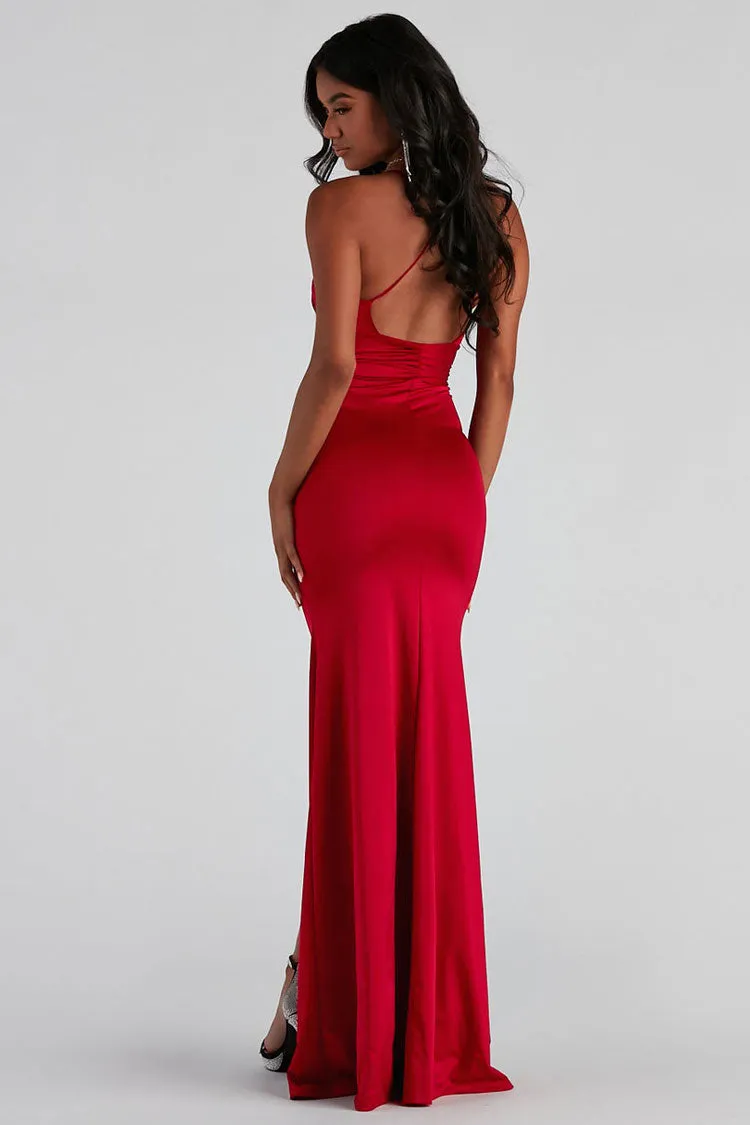 Silky Satin Deep V Ruched Front Slit Evening Maxi Dress - Red