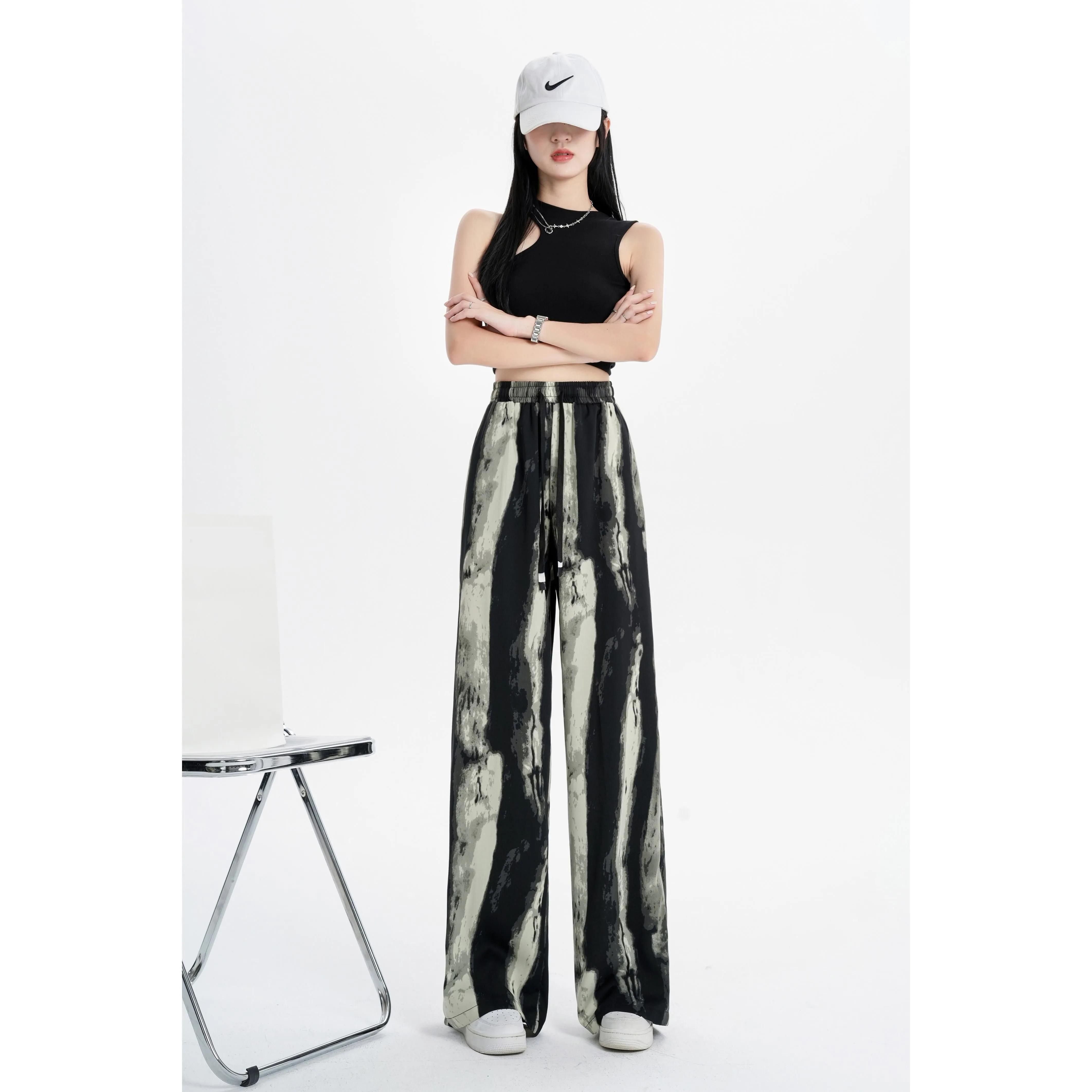 Silky Slimming High-Waisted Draping Ink Wash Painting Straight Leg Thin Tie-Dye Pants