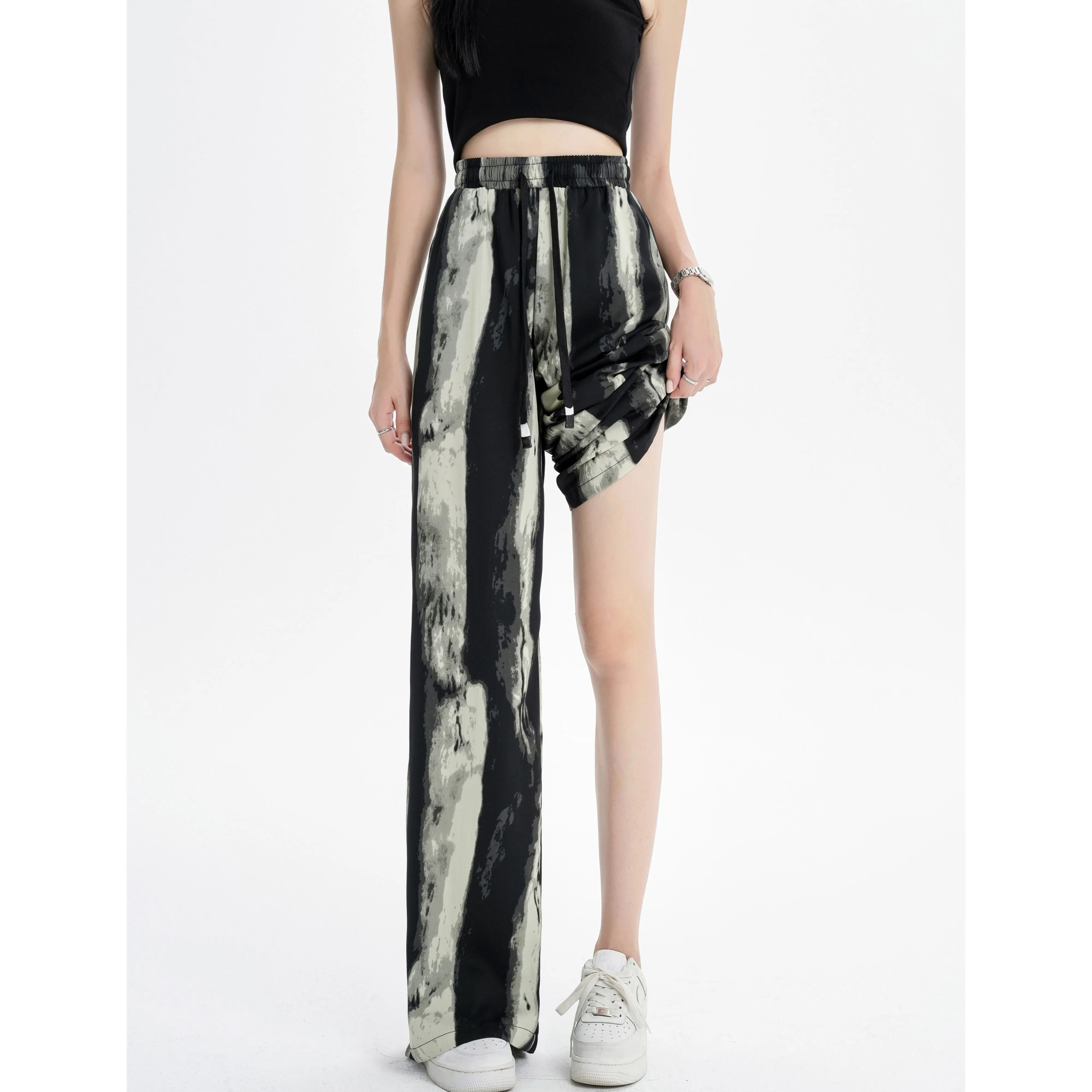 Silky Slimming High-Waisted Draping Ink Wash Painting Straight Leg Thin Tie-Dye Pants