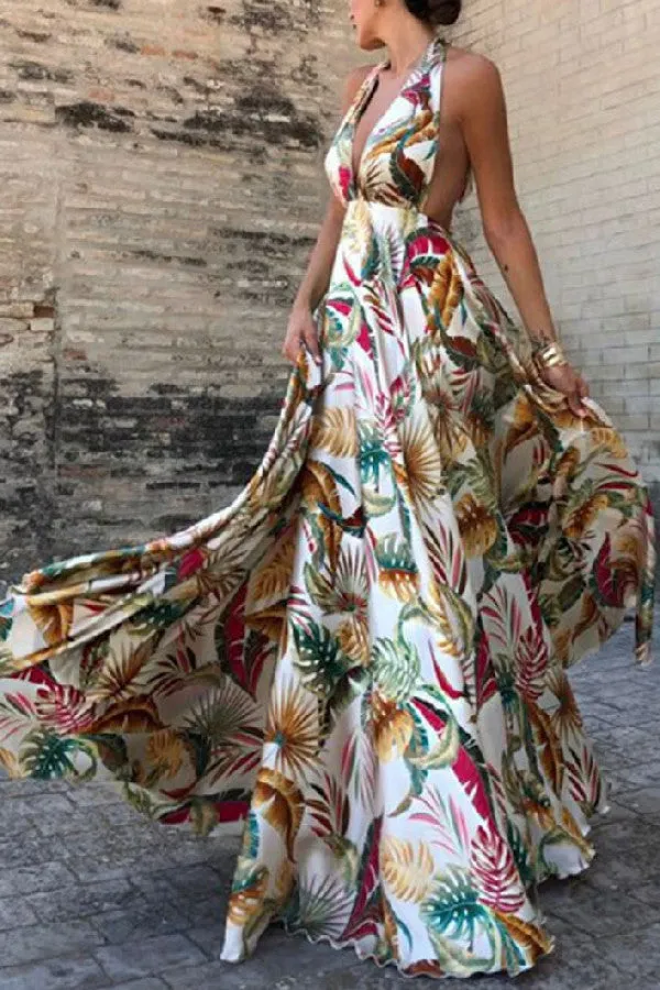 Sleeveless Halter Printed Maxi Dress