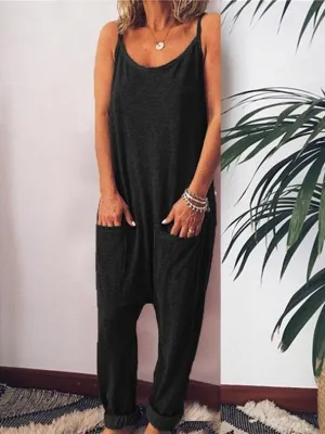 Sleeveless Loose Solid Suspender Jumpsuit