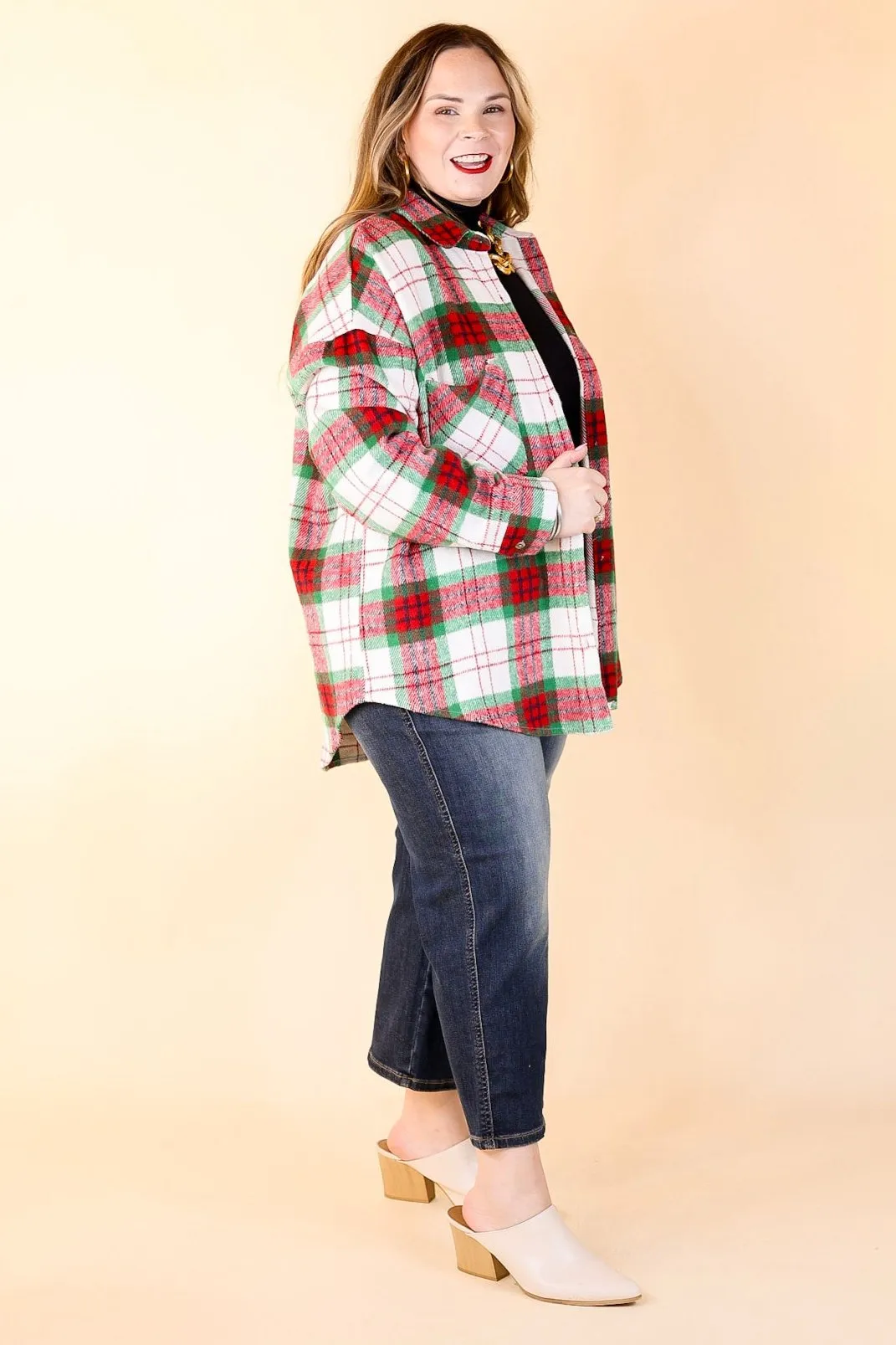 Sleigh All Day Button Up Plaid Shacket in Red and Green