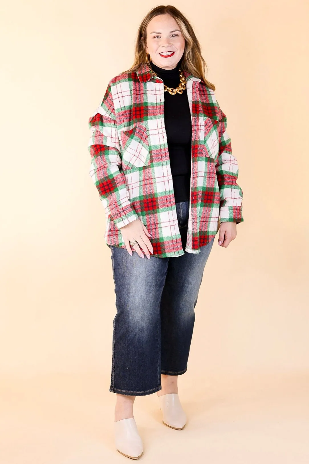 Sleigh All Day Button Up Plaid Shacket in Red and Green