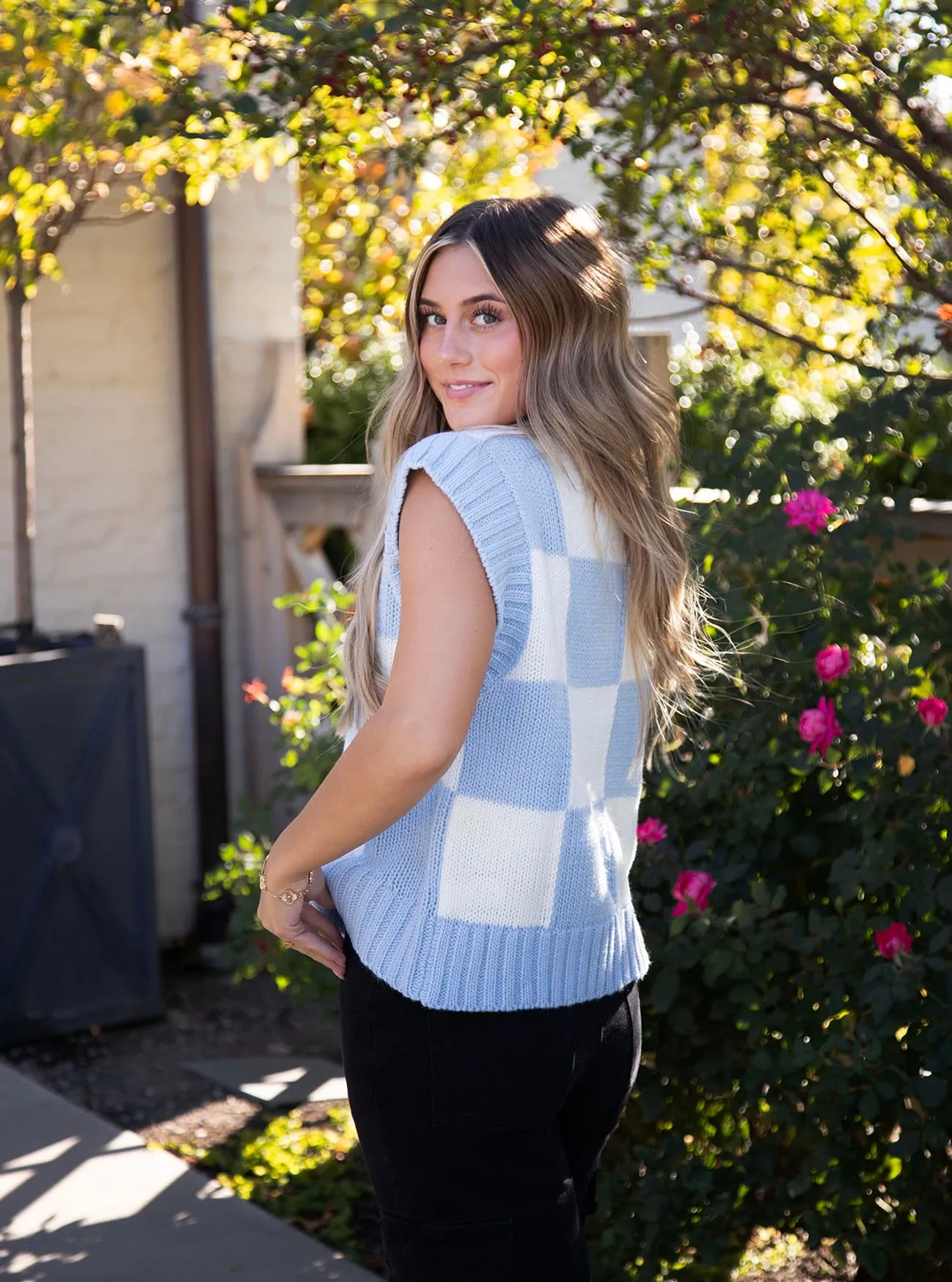 Sofia Checkered Knit Vest in Blue