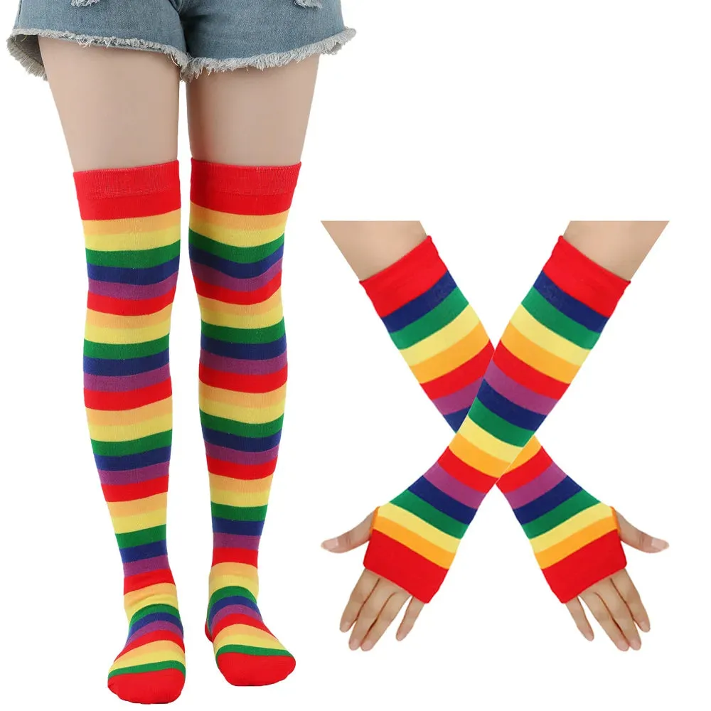 Sohiwoo Autumn Winter Rainbow Stockings Striped Socks Gloves Over Knee Socks Arm Sleeve School JK Uniform Women Halloween Christmas Gift