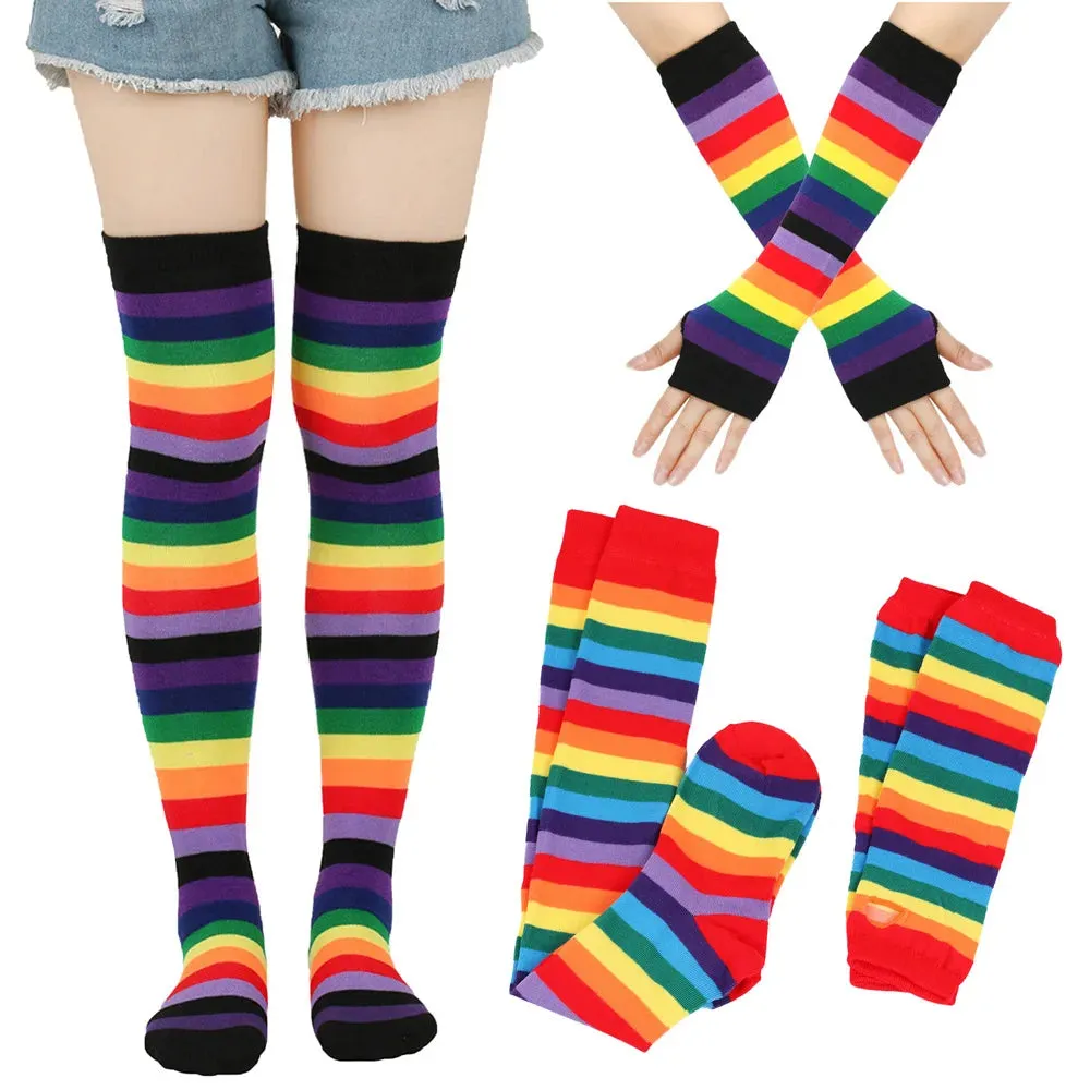 Sohiwoo Autumn Winter Rainbow Stockings Striped Socks Gloves Over Knee Socks Arm Sleeve School JK Uniform Women Halloween Christmas Gift