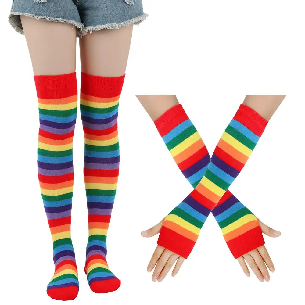 Sohiwoo Autumn Winter Rainbow Stockings Striped Socks Gloves Over Knee Socks Arm Sleeve School JK Uniform Women Halloween Christmas Gift