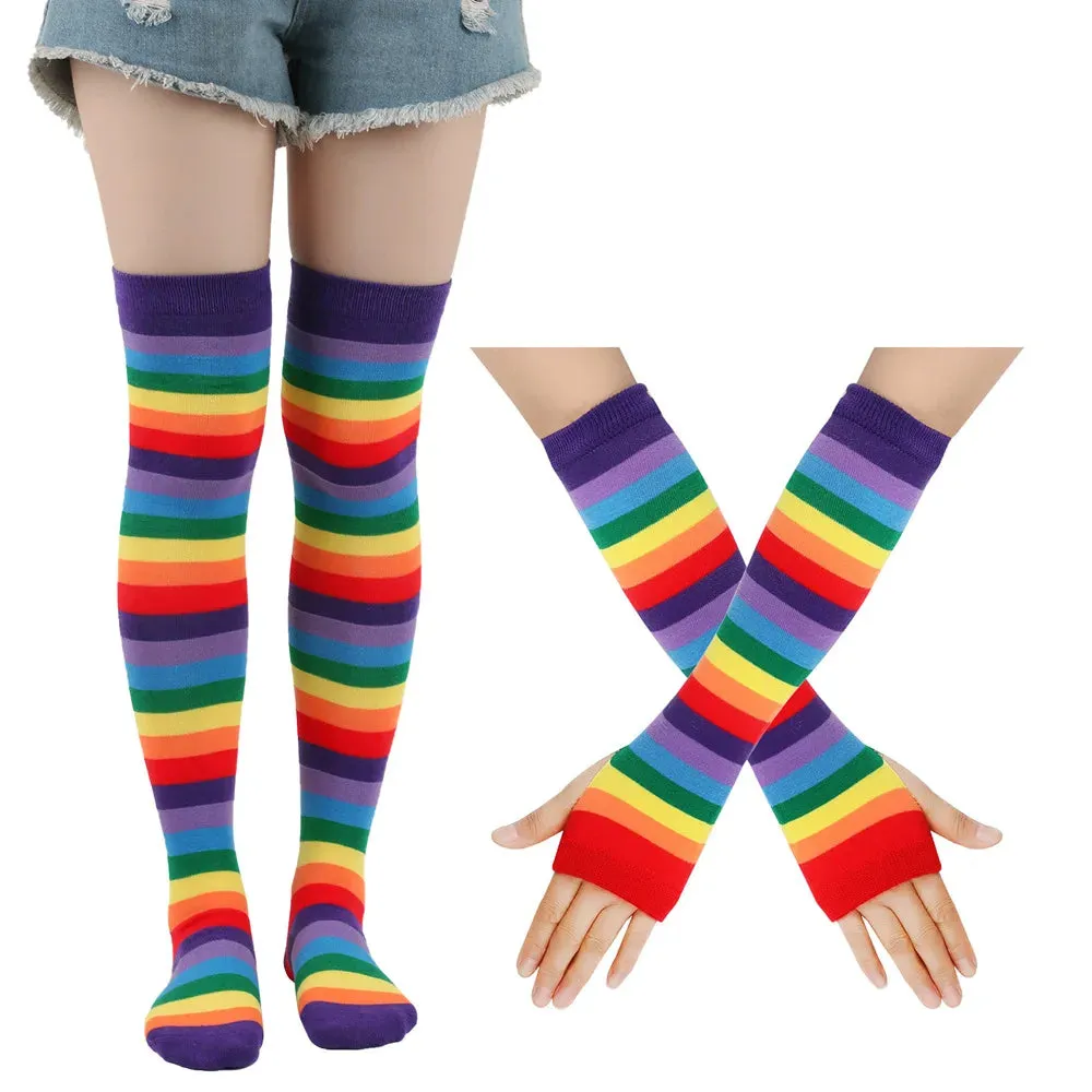 Sohiwoo Autumn Winter Rainbow Stockings Striped Socks Gloves Over Knee Socks Arm Sleeve School JK Uniform Women Halloween Christmas Gift