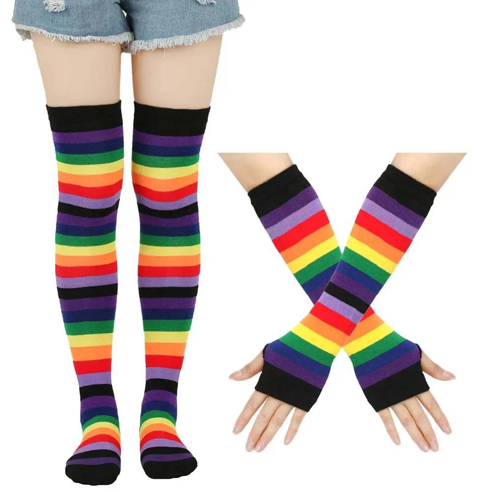 Sohiwoo Autumn Winter Rainbow Stockings Striped Socks Gloves Over Knee Socks Arm Sleeve School JK Uniform Women Halloween Christmas Gift