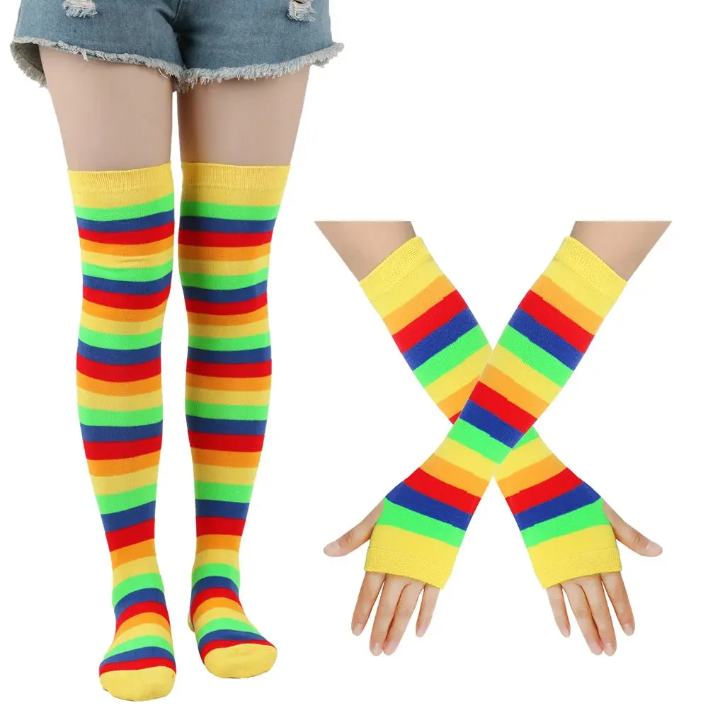 Sohiwoo Autumn Winter Rainbow Stockings Striped Socks Gloves Over Knee Socks Arm Sleeve School JK Uniform Women Halloween Christmas Gift