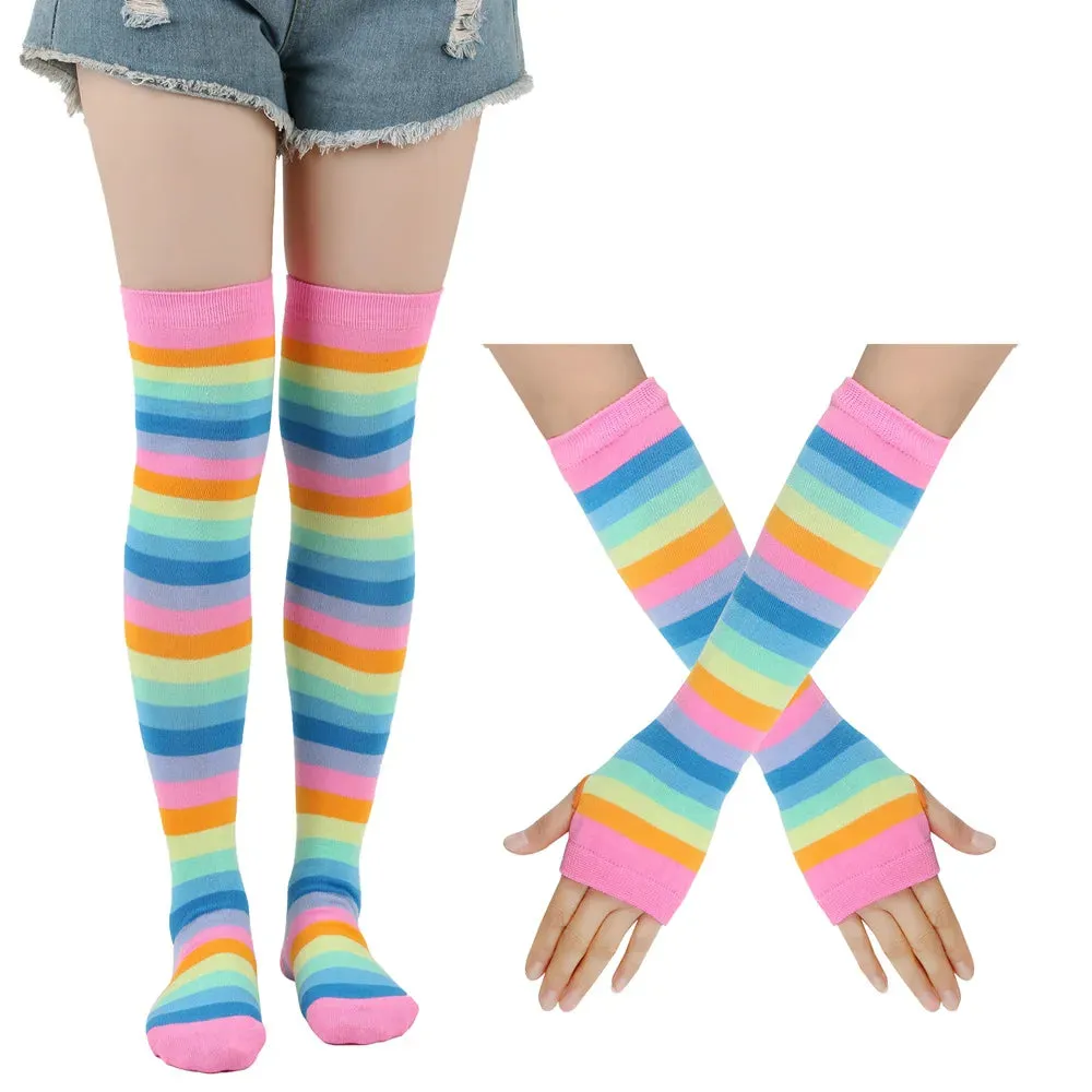 Sohiwoo Autumn Winter Rainbow Stockings Striped Socks Gloves Over Knee Socks Arm Sleeve School JK Uniform Women Halloween Christmas Gift