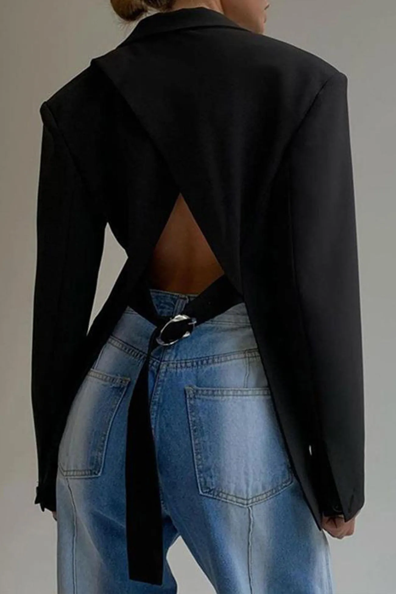 Solid Color Backless Slit Blazer