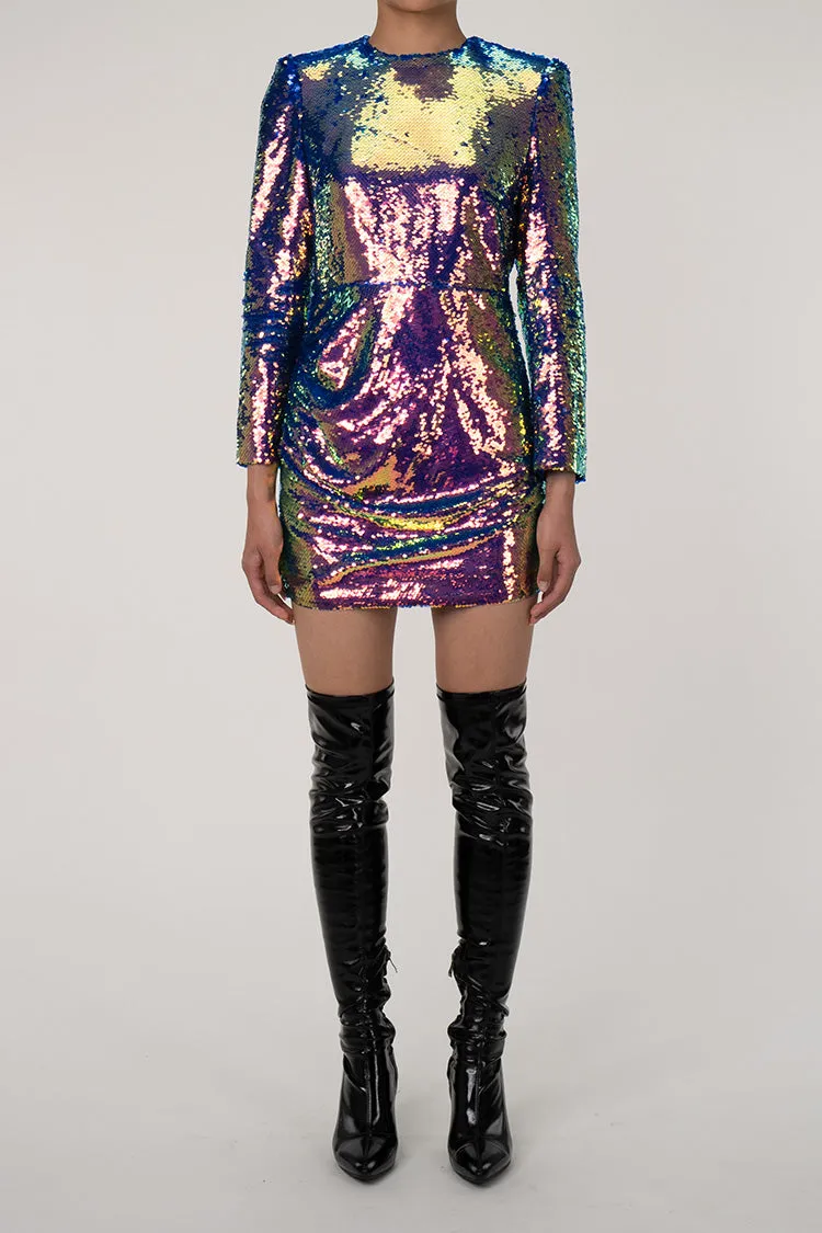 Sparkly Sequin Round Neck Long Sleeve Ruched Bodycon Party Mini Dress