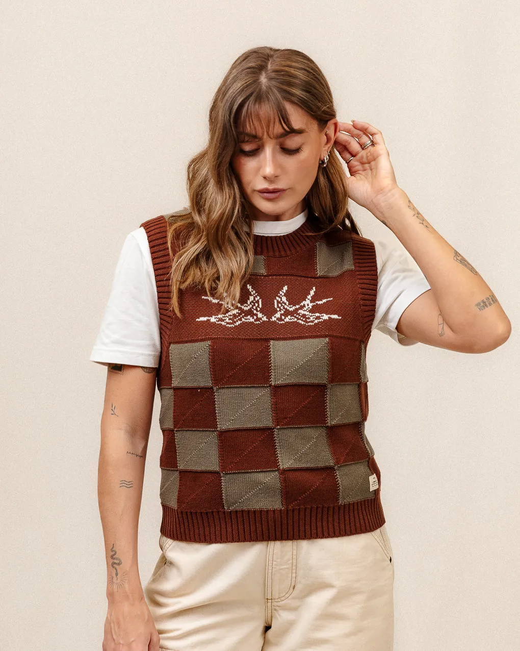 Sparrow Knitted Vest - Olive Checkerboard