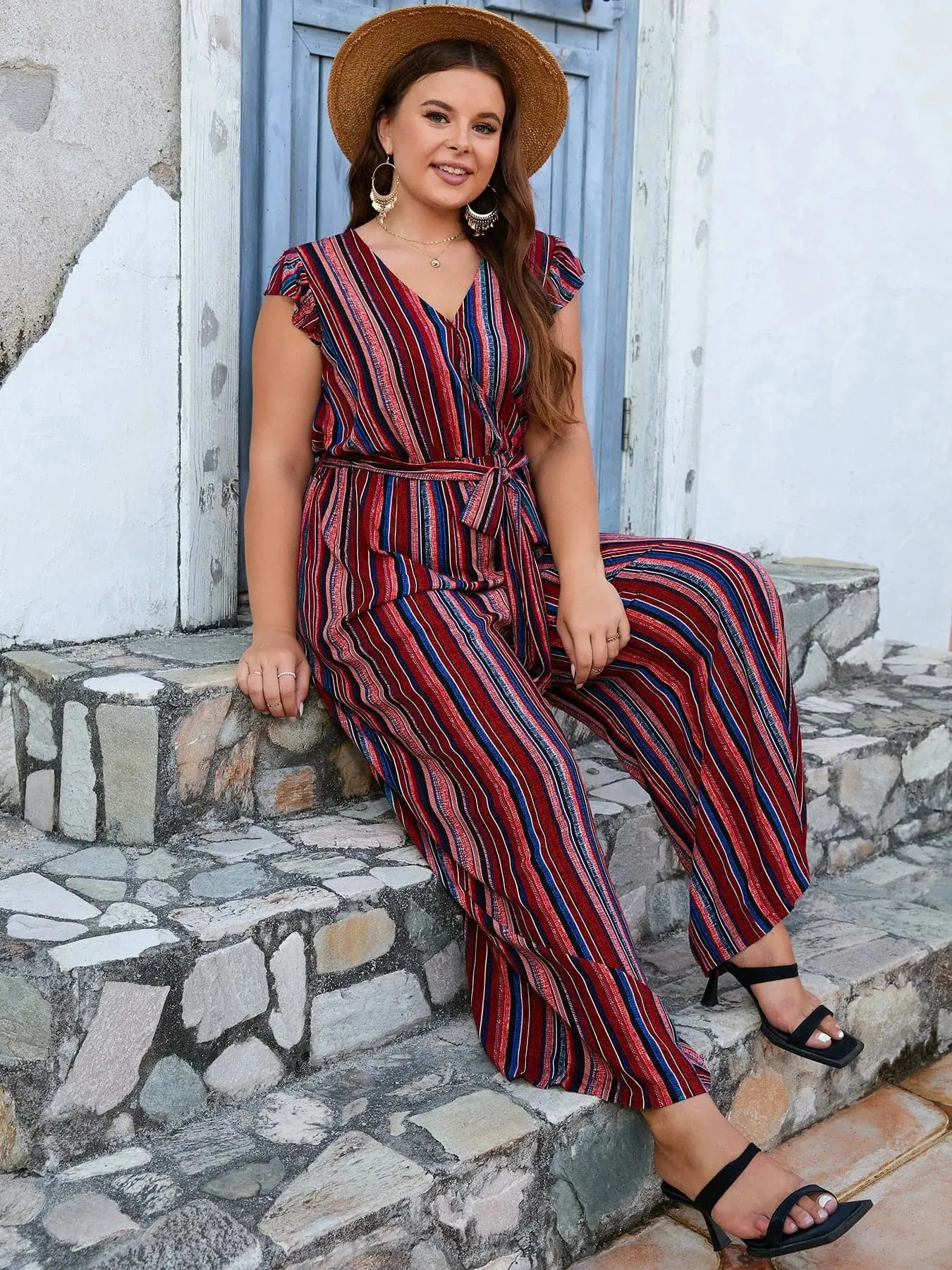 Stripe Belted Jumpsuit with Wide Leg Pants - Trendy Bohemian Style - Plus Size Available