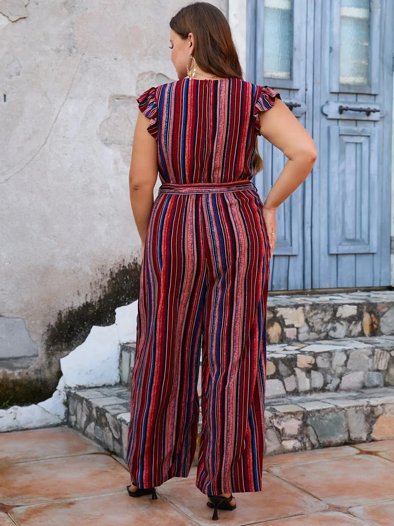 Stripe Belted Jumpsuit with Wide Leg Pants - Trendy Bohemian Style - Plus Size Available