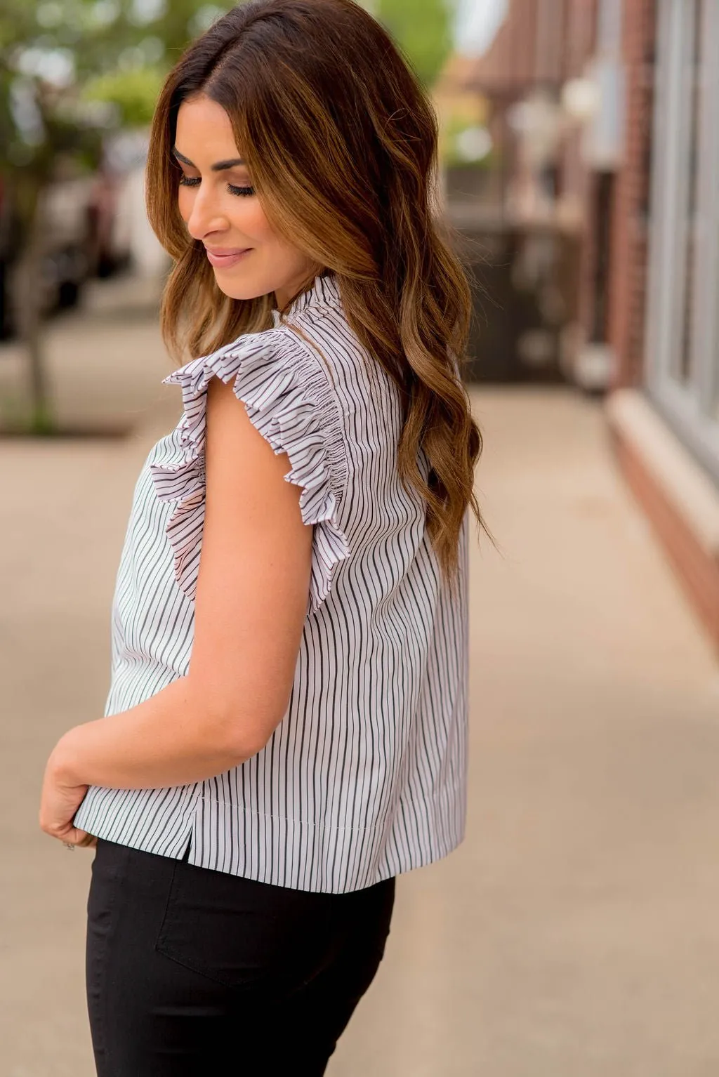 Striped Cinched Flutter Down Blouse