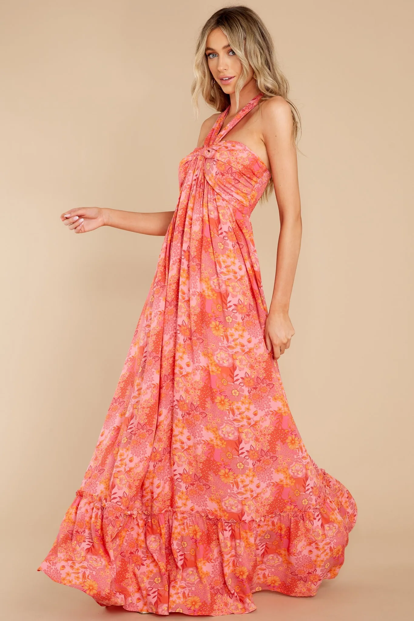 Sunset Memories Coral Floral Print Maxi Dress