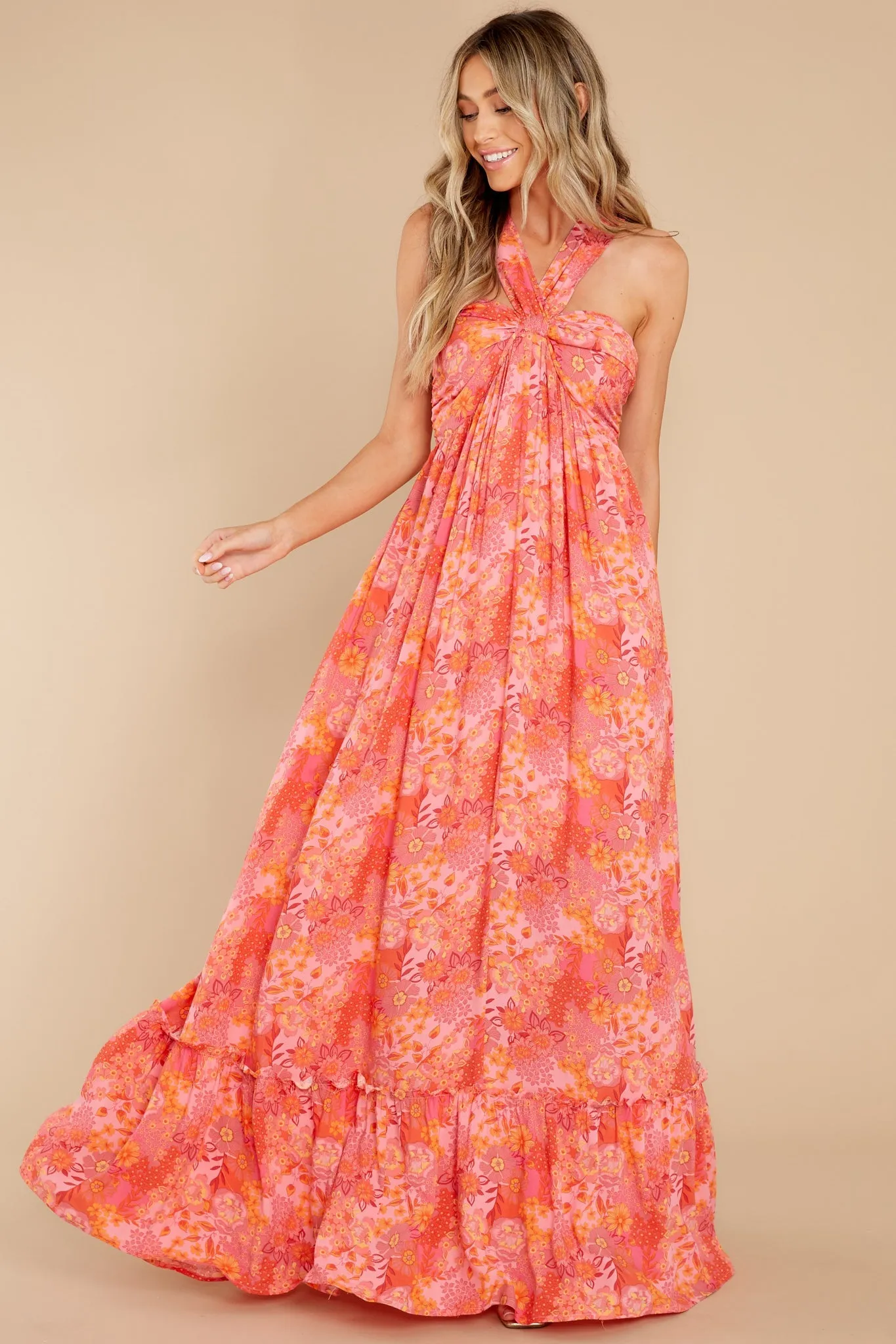 Sunset Memories Coral Floral Print Maxi Dress