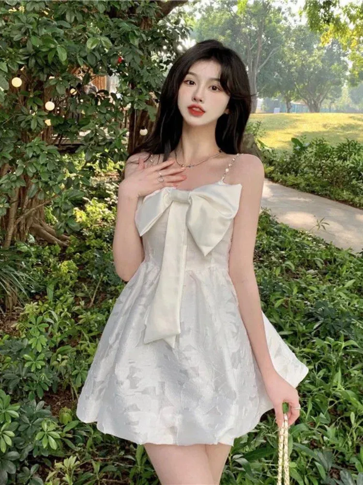 Sweet Kawaii White Slip Dress Women Korean Fashion Kpop Designer Party Spaghetti Strap Mini Short Dresses Bow Outfits