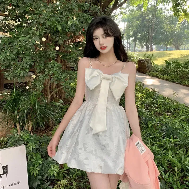 Sweet Kawaii White Slip Dress Women Korean Fashion Kpop Designer Party Spaghetti Strap Mini Short Dresses Bow Outfits