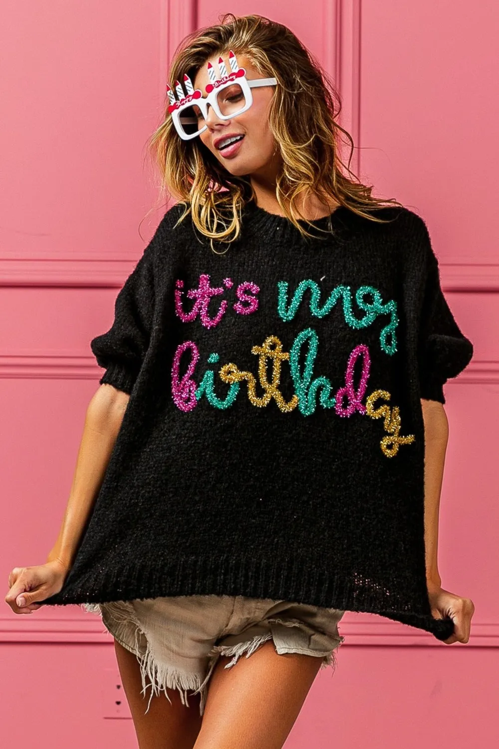 TEEK - Black Metallic Letter Puff Sleeve Hairy Birthday Sweater