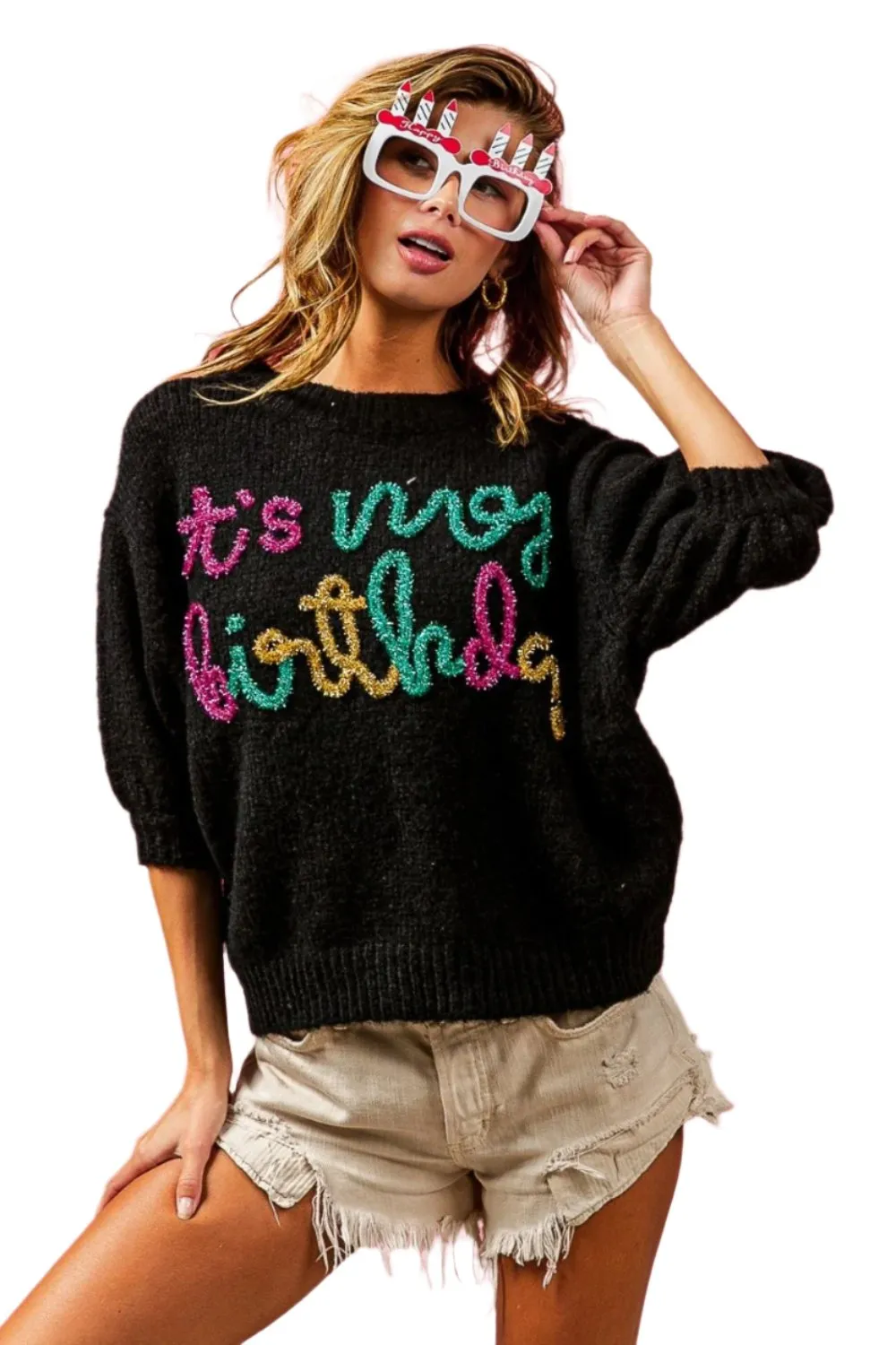 TEEK - Black Metallic Letter Puff Sleeve Hairy Birthday Sweater