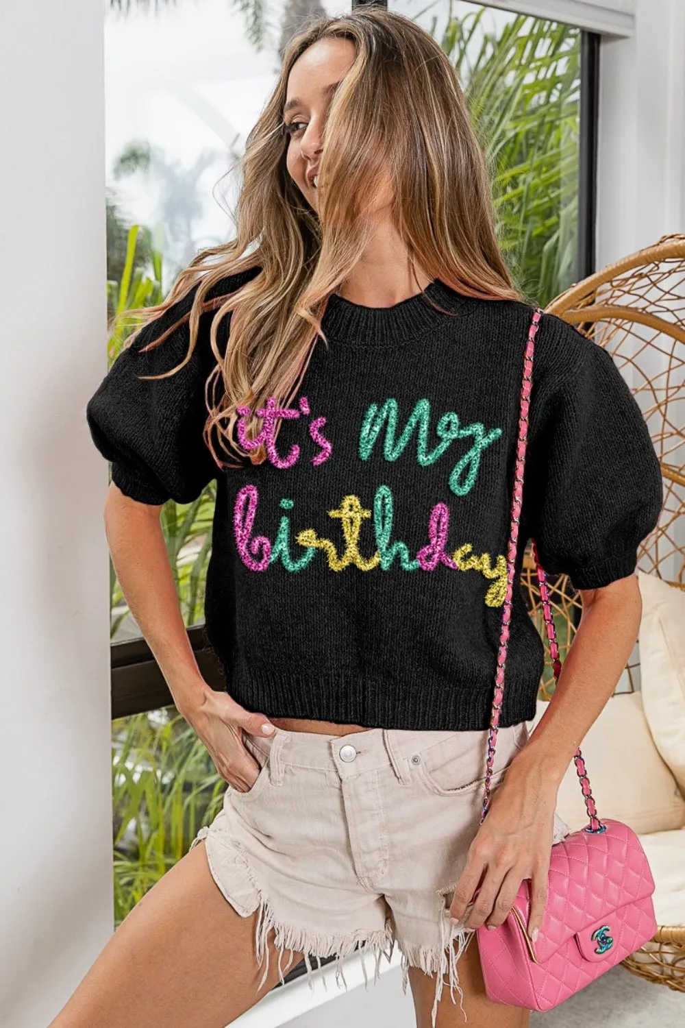 TEEK - Black Metallic Letter Puff Sleeve Hairy Birthday Sweater