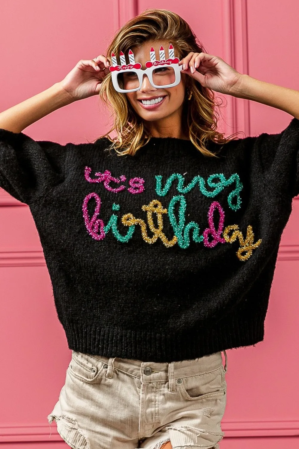 TEEK - Black Metallic Letter Puff Sleeve Hairy Birthday Sweater