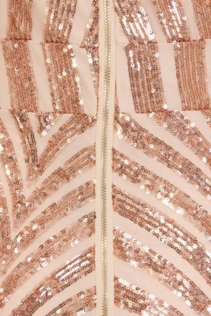 Temptation Rose Gold Plunge Sequin Hourglass Illusion Jumpsuit