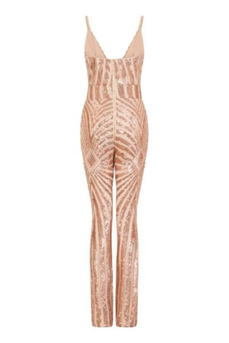 Temptation Rose Gold Plunge Sequin Hourglass Illusion Jumpsuit