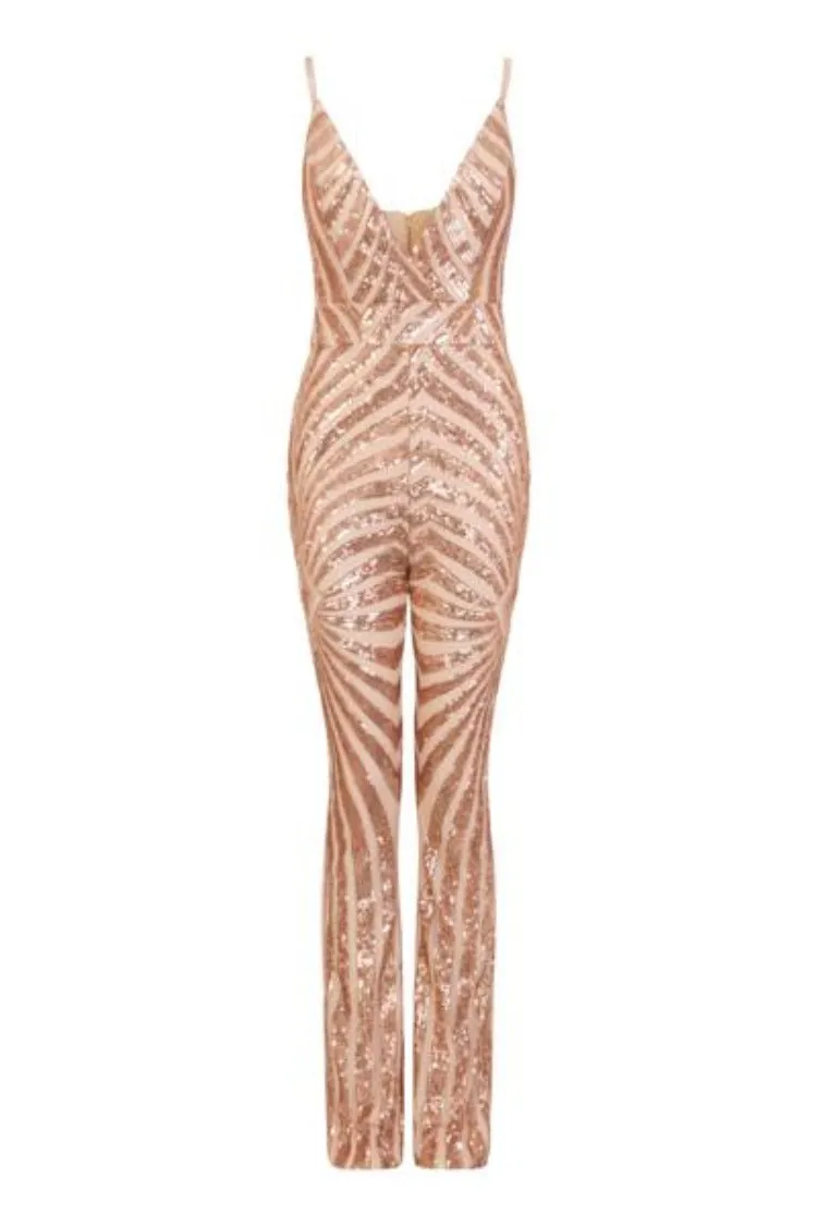 Temptation Rose Gold Plunge Sequin Hourglass Illusion Jumpsuit