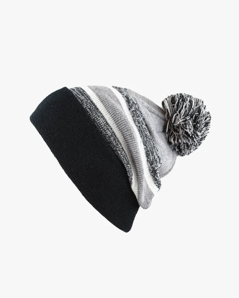 The Hat Depot - Cuffed Pom Pom Stripe Knit Slouch Beanie