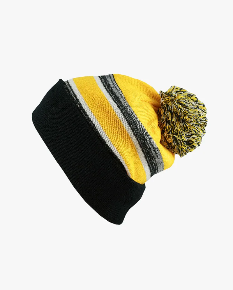 The Hat Depot - Cuffed Pom Pom Stripe Knit Slouch Beanie