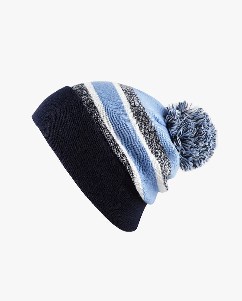 The Hat Depot - Cuffed Pom Pom Stripe Knit Slouch Beanie