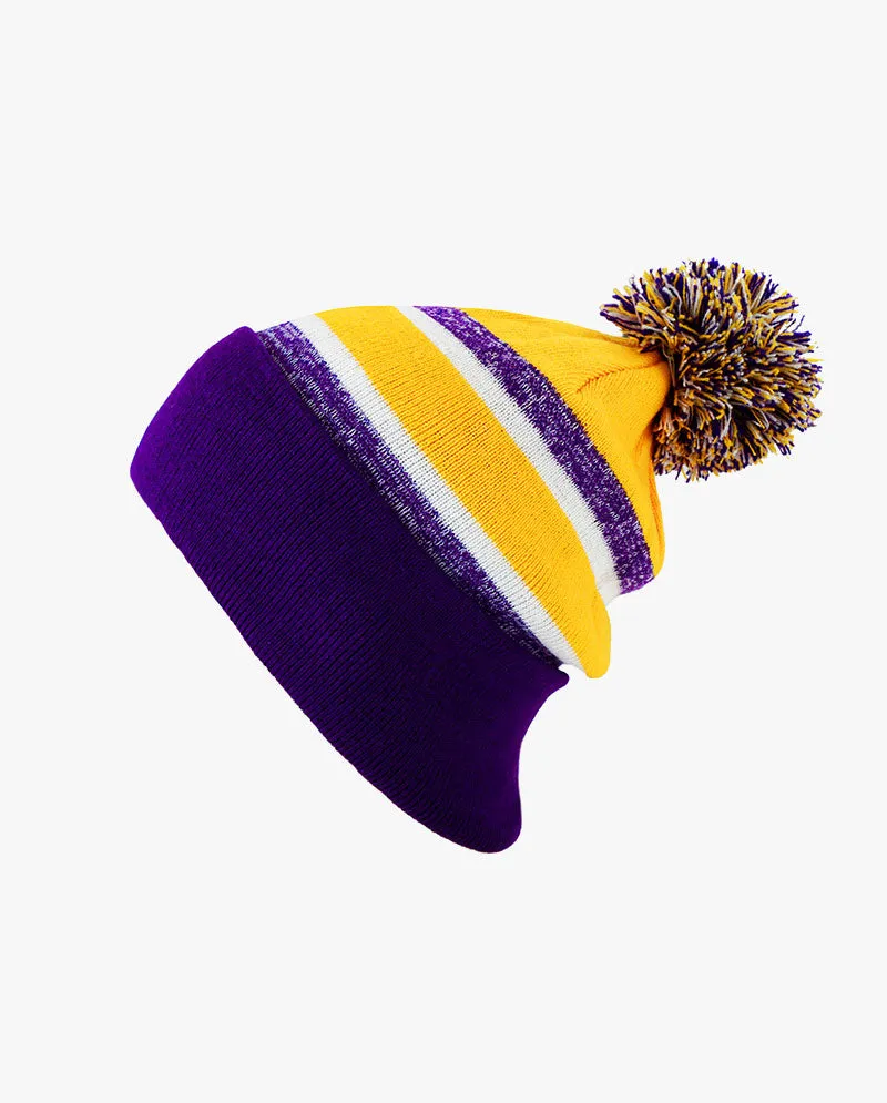 The Hat Depot - Cuffed Pom Pom Stripe Knit Slouch Beanie