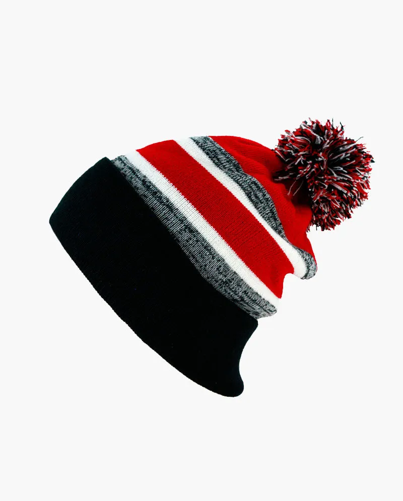 The Hat Depot - Cuffed Pom Pom Stripe Knit Slouch Beanie