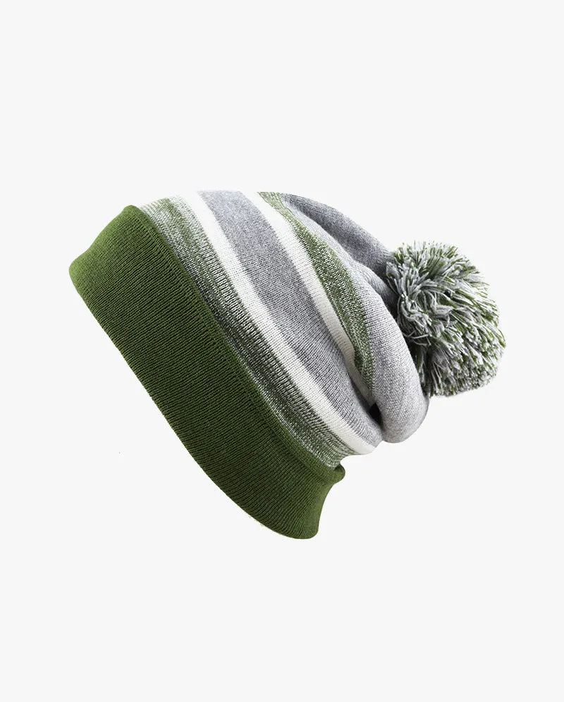 The Hat Depot - Cuffed Pom Pom Stripe Knit Slouch Beanie